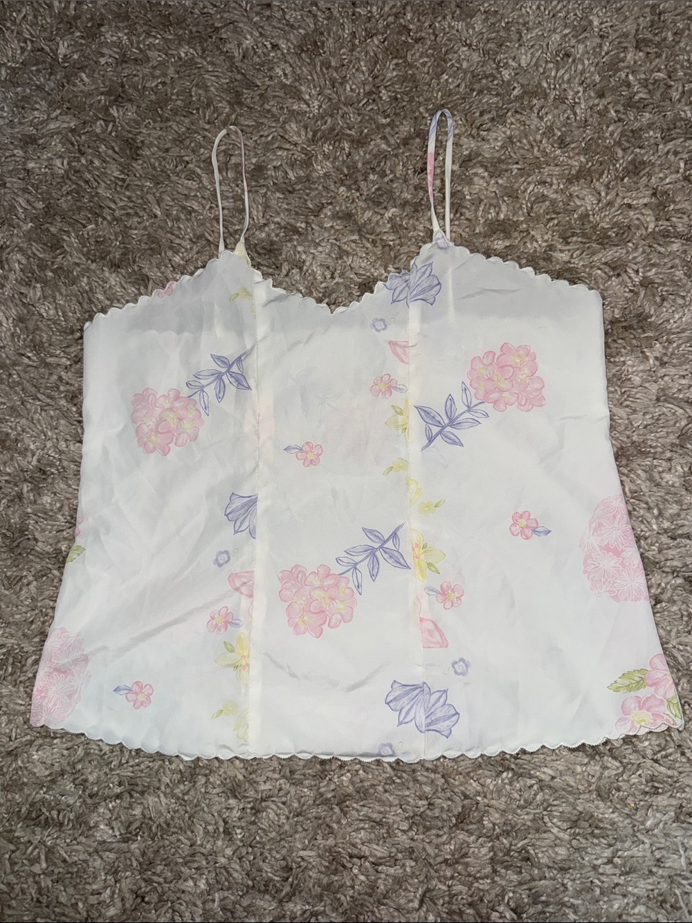 Vintage White Floral Camisole Top with Scalloped Trim